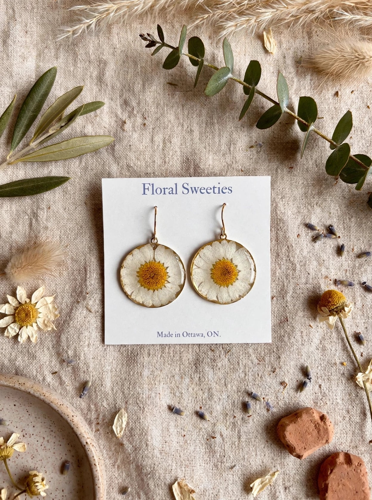 Circular dangle earrings with real pressed daisies in resin on a display card, styled on linen