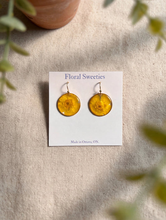Round dangle earrings with real pressed buttercup flowers in resin on a display card, styled on linen