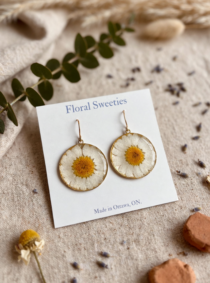 Close-up angled view of round daisy resin dangle earrings on their display card